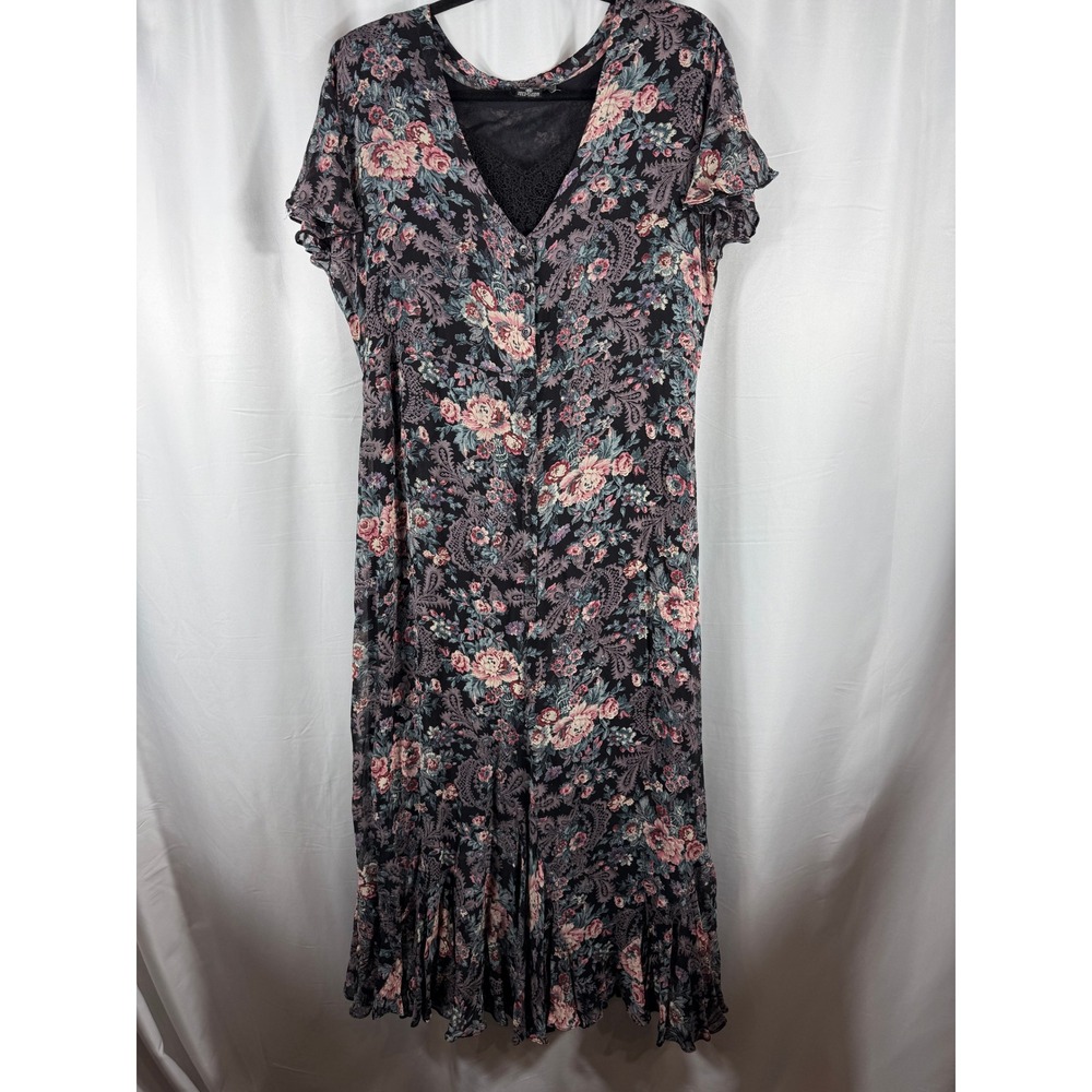 Starina‎ Womens Floral Paisley Button Front Maxi Dress Lace Inset Black Medium